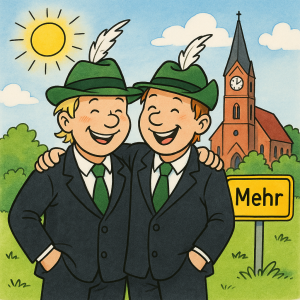 Zeichnung von zwei Schützen vor dem Ortseingangschild und der Mehrer Kirche (Foto: Schützenverein Mehr e.V.))